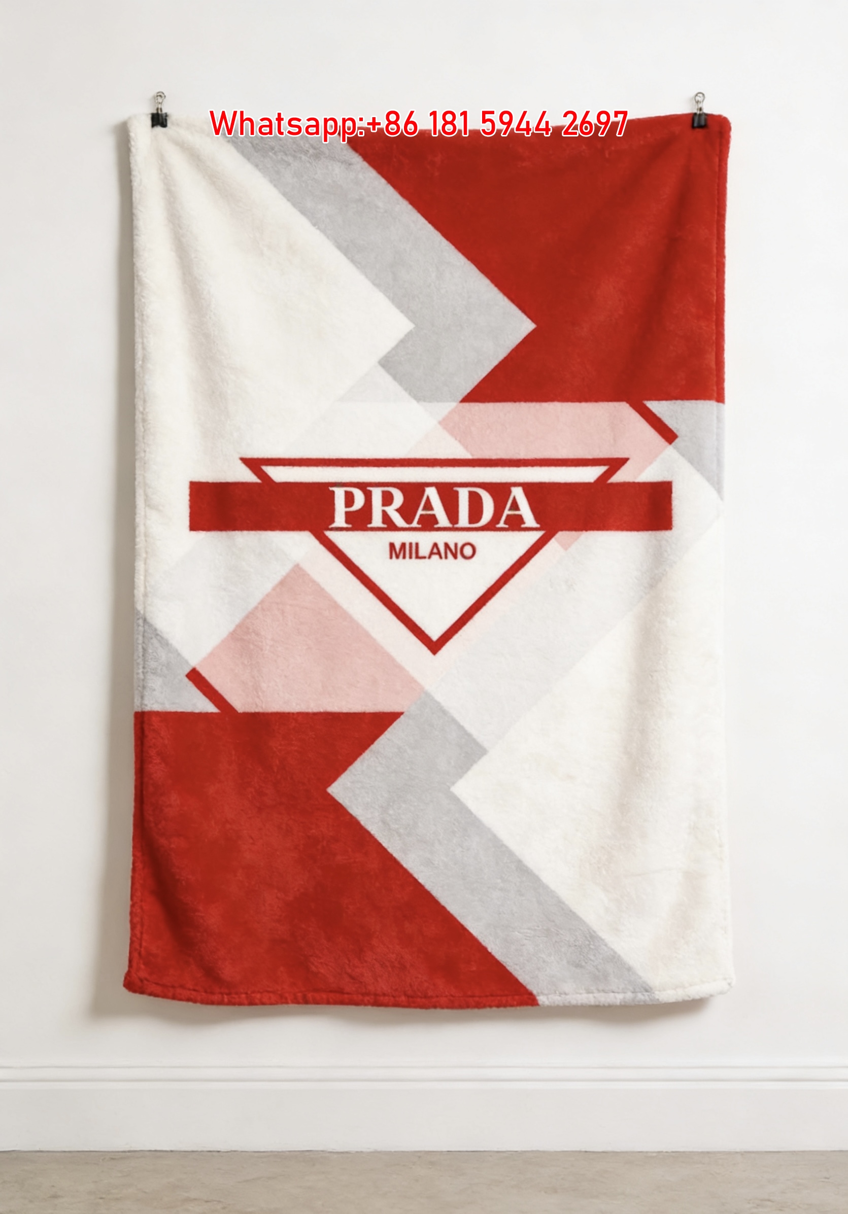 Prada Bright Red and White Geometric Triangle Logo Print Flannel Throw Blanket IMG_2719